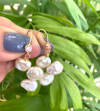 Cargar imagen en el visor de la galería, Elegant earrings composed of Natural Keshi pink and white pearls hanging from gold filled hooks with pink cubic zirconia bezel