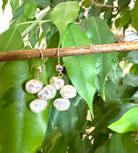Cargar imagen en el visor de la galería, Elegant earrings composed of Natural Keshi pink and white pearls hanging from gold filled hooks with pink cubic zirconia bezel
