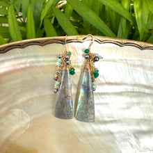 Cargar imagen en el visor de la galería, Labradorite, Amazonite, Green Onyx & Black Pearls Cluster Earrings