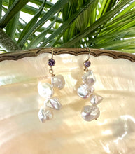 Load image into Gallery viewer, White Keshi Pearl Drop Earrings, 14k GF Hook & Purple Cz