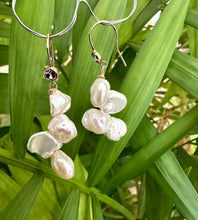 Load image into Gallery viewer, White Keshi Pearl Drop Earrings, 14k GF Hook & Purple Cz
