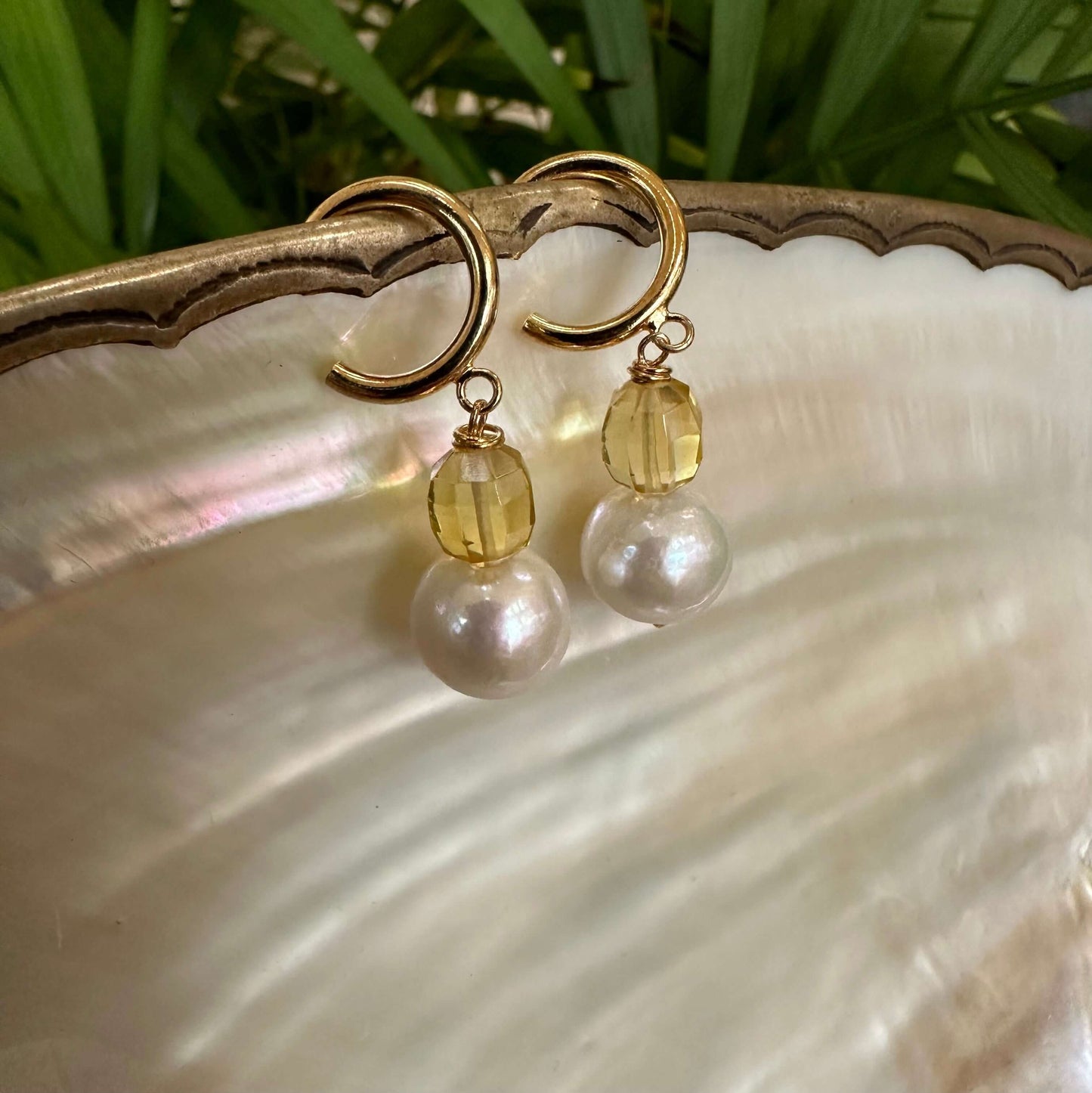 Pearl hoop earrings handmade in Canada with Edison pearls and citrine gemstones
