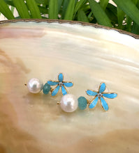Load image into Gallery viewer, Edison Pearls & Aquamarine Earrings, Blue Enamel Flower