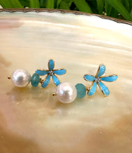 Load image into Gallery viewer, Edison Pearls & Aquamarine Earrings, Blue Enamel Flower