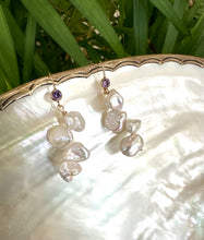 Load image into Gallery viewer, White Keshi Pearl Drop Earrings, 14k GF Hook & Purple Cz