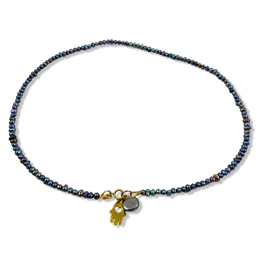 Black pearl hamsa necklace