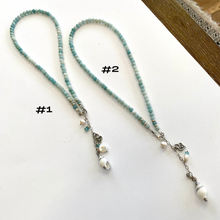 Carica l'immagine nel visualizzatore di Gallery, Light shaded blue Amazonite beaded necklace, Heart, pearl and seashell charms. Sterling Silver, 16"inches long