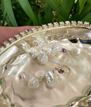 Load image into Gallery viewer, White Keshi Pearl Drop Earrings, 14k GF Hook & Purple Cz