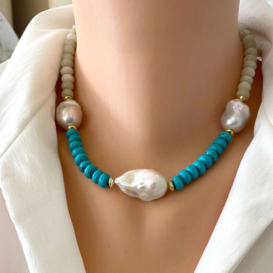 Front close-up of green jade and turquoise pearl necklace with baroque pearls