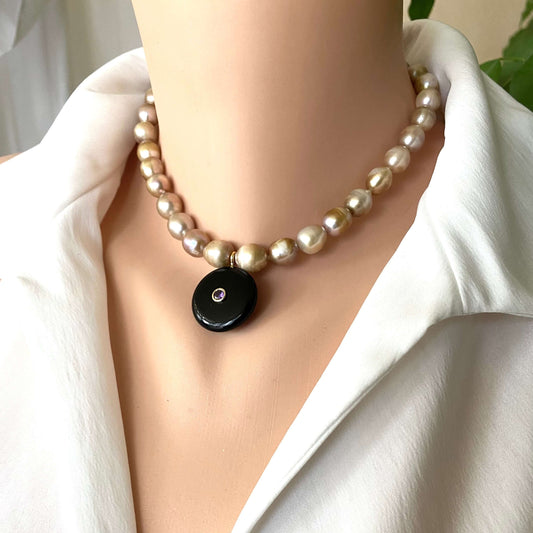 Golden pearl choker necklace with black obsidian coin pendant