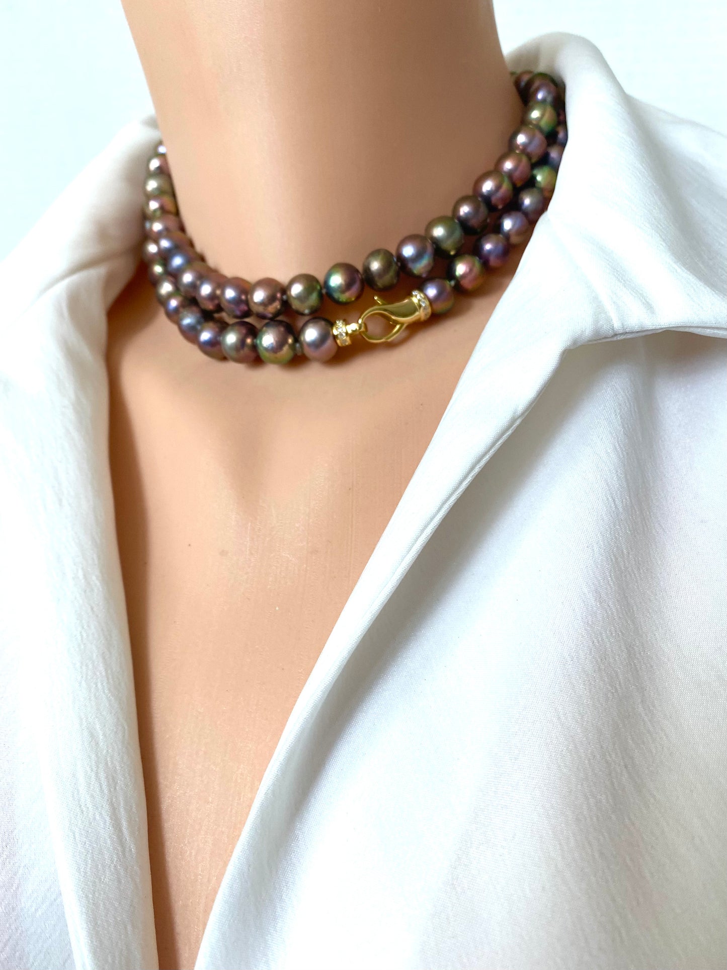 Metallic Pearl Necklace, Long Freshwater Pearl Necklace, Double Wrap Pearl Choker, Y Necklace, 31.5"