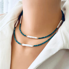 Carica l'immagine nel visualizzatore di Gallery, Neon Blue Apatite & White Bar Pearls Necklace, 14K GF