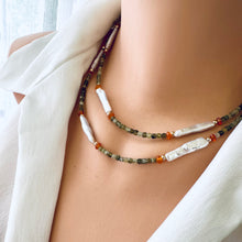 Carica l'immagine nel visualizzatore di Gallery, Tsavorite Green Garnet, Carnelian & White Bar Pearls Necklace, 14K GF