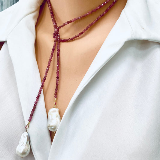 Pink Tourmaline Pearl Lariat Necklace featuring delicate pink tourmaline beads and baroque pearls displayed on a model.