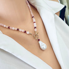 Carica l'immagine nel visualizzatore di Gallery, beautiful gemstones toggle necklace combining Soft pink morganite beads with tiny red Ruby rondelles separated with gold filled beads and finished with baroque pearl pendant. 18"inches long