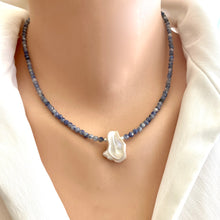Charger l'image dans la galerie, Blue Sodalite and White Keshi Pearl Minimalist Necklace, Sterling Silver, 17"inches Long