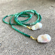 Cargar imagen en el visor de la galería, Single Strand Of Green Onyx Rondelle Beads & Two Baroque Pearls Lariat Wrap Necklace