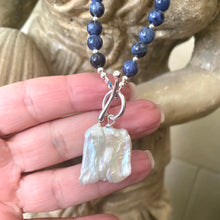 Cargar imagen en el visor de la galería, Blue Sodalite Toggle Necklace with Square Shape Keshi Pearl Pendant, Sterling Silver, 17"inches