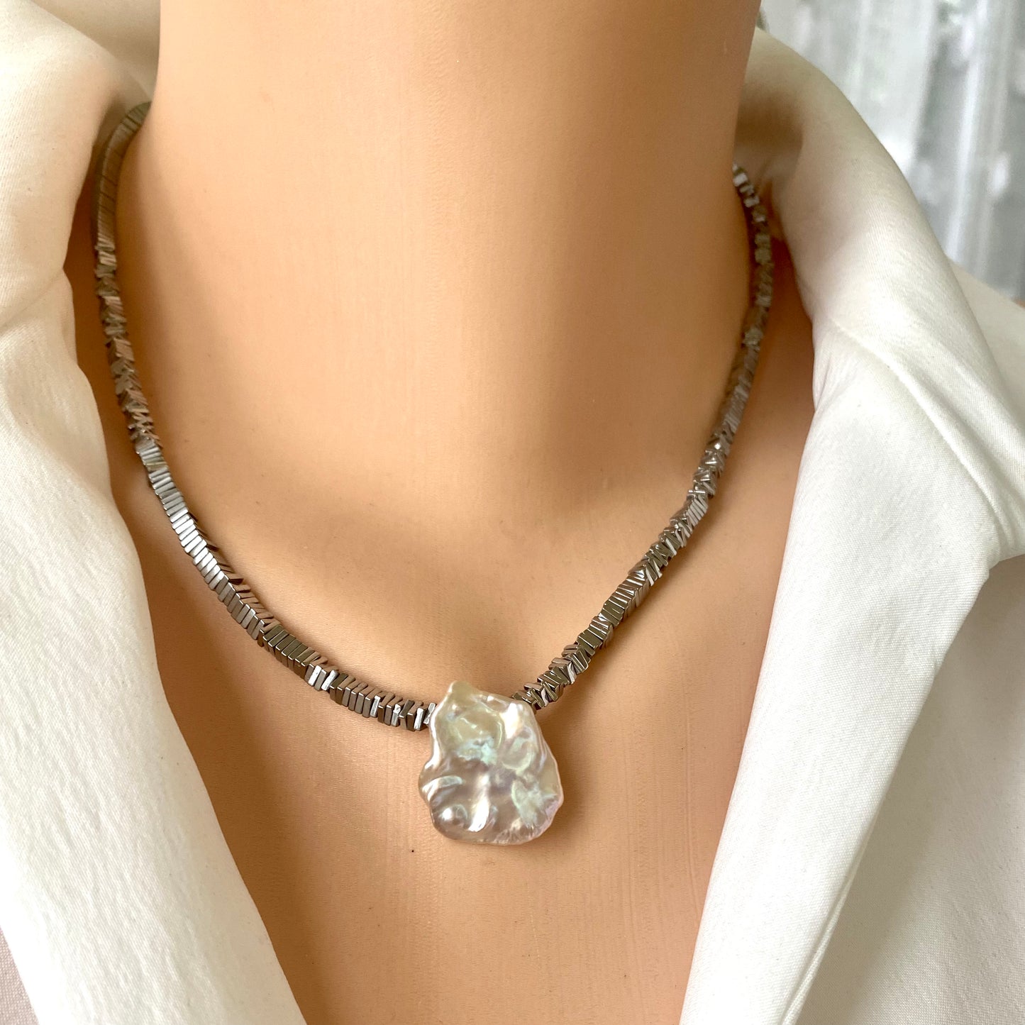 Hematite pearl necklace handmade in Canada