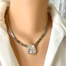 Carica l'immagine nel visualizzatore di Gallery, Silver Coated Hematite Square Heishi Beads with Large Keshi Pearl Short Necklace, 18"inch Silver Toggle Clasp
