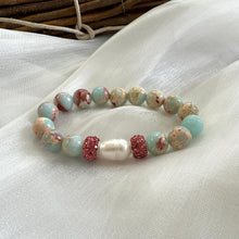 Carica l'immagine nel visualizzatore di Gallery, Pale Blue Opal Sediment Jasper & Pearl Stretch Bracelets