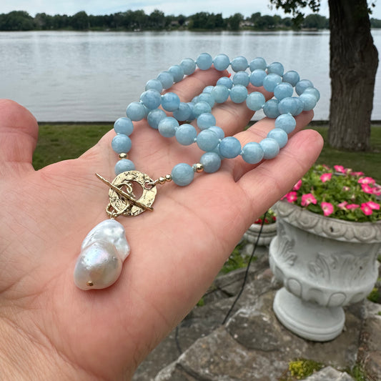 Aquamarine pearl necklace with natural aquamarine beads and baroque pearl pendant handmade in Canada