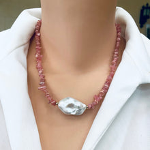 Cargar imagen en el visor de la galería, Elegant Pink Rhodochrosite Chips and Freshwater Baroque Pearl Necklace with Gold Filled Details, 18.5"inch