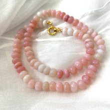 Carica l'immagine nel visualizzatore di Gallery, Shaded pink smooth opal candy necklace with gold vermeil plated sterling silver marine closure, measuring 18.5 inches. This modern opal jewelry piece features soft pink tones and is a perfect gift for her.