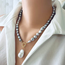 Cargar imagen en el visor de la galería, Grey Pearl Necklace with White Baroque Pearl Removable Pendant, Gold