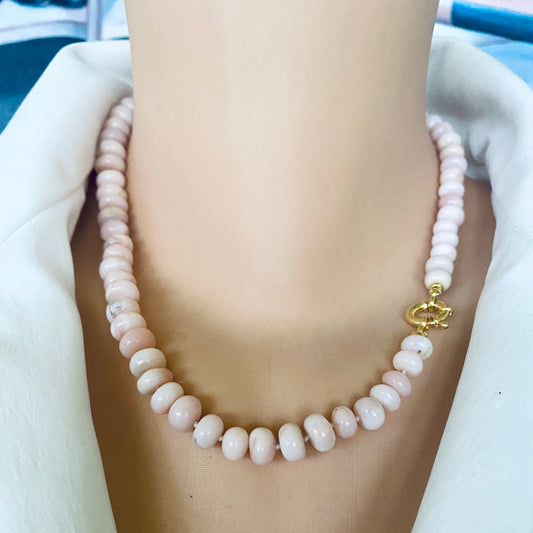 Graduated Pink Opal Necklace Gold on model, hand-knotted pink opal beads with gold vermeil marine clasp