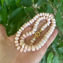 Load image into Gallery viewer, Graduated pink smooth opal candy necklace 8-11mm with gold vermeil plated sterling silver marine closure, measuring 18.5 inches. This modern opal jewelry piece features soft pink tones and is a perfect gift for her.