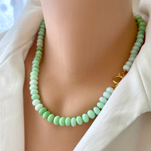 Lade das Bild in den Galerie-Viewer, Bright green opal candy necklace with gold vermeil plated sterling silver push lock closure, allowing you to add any pendant, measuring 18.5-19 inches. This modern opal jewelry piece features soft parrot green tones and is a perfect gift for her.