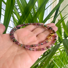 Load image into Gallery viewer, Mixed faceted tourmaline beaded necklace featuring a variety of watermelon multi-color tourmaline beads, accented with gold vermeil plated silver. The necklace is 19 inches long and showcases the vibrant colors associated with the October birthstone.