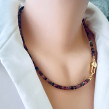 Load image into Gallery viewer, Mixed faceted tourmaline beaded necklace featuring a variety of watermelon multi-color tourmaline beads, accented with gold vermeil plated silver. The necklace is 19 inches long and showcases the vibrant colors associated with the October birthstone.