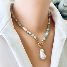Cargar imagen en el visor de la galería, Aquamarine & Pearl Beaded Necklace, Baroque Pearl Pendant, Gold Vermeil Plated Silver Details, March Birthstone, 17.5"-18"inches