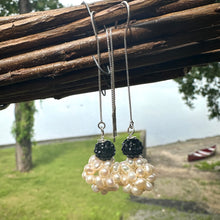 Cargar imagen en el visor de la galería, Freshwater pearl ball threader earrings featuring white ball pearls with black rhinestone pave polymer clay accents on top. The earrings are silver, long, and elegant, with a minimalist design that threads through the ear for a modern look