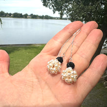 Cargar imagen en el visor de la galería, Freshwater pearl ball threader earrings featuring white ball pearls with black rhinestone pave polymer clay accents on top. The earrings are silver, long, and elegant, with a minimalist design that threads through the ear for a modern look