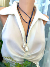 Charger l'image dans la galerie, Single Strand of Blue Sodalite faceted Beads 3mm & one white Baroque Pearl on each end. Versatile Lariat Wrap Necklace, 47"inches long