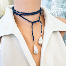 Charger l'image dans la galerie, Single Strand of Blue Sodalite faceted Beads 3mm & Two white Baroque Pearls Lariat Wrap Necklace, 47"inches long
