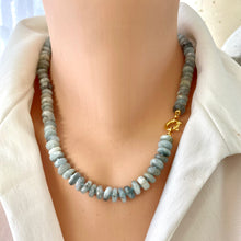Cargar imagen en el visor de la galería, Hand-knotted candy necklace featuring faceted aquamarine rondelle beads with a gold vermeil plated silver marine closure. Available in 18.5 or 21.5 inches, this elegant piece is a perfect March birthstone gift for her.