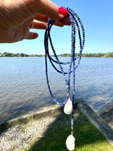 Charger l'image dans la galerie, Single Strand of Blue Sodalite faceted Beads 3mm & one white Baroque Pearl on each end. Versatile Lariat Wrap Necklace, 47"inches long