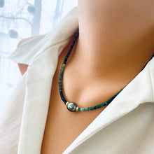 Carica l'immagine nel visualizzatore di Gallery, Stunning shaded green Necklace featuring faceted Emerald roundelle beads and a greenish black Tahitian Pearl centerpiece. May birthstone Gift For Her. Crafted with gold filled, the necklace measures 18.5 inches in length