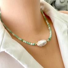 Cargar imagen en el visor de la galería, Stunning shaded light green Necklace featuring faceted Chrysoprase round beads and a Large White Baroque Pearl centerpiece. A beautiful Gift For Her. Crafted with gold filled, the necklace measures 17.5 inches in length