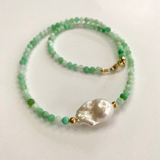 Chrysoprase Pearl Necklace featuring vibrant green chrysoprase beads and a luminous baroque pearl centerpiece.