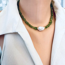 Load image into Gallery viewer, olive green peridot nugget beads and a beautiful freshwater baroque pearl in the middle.
Vermeil Gold Plated silver Marine Clasp and beads
Length is 16.5" inches or 43cm