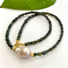 Carica l'immagine nel visualizzatore di Gallery, Black Ethiopian Opal and Baroque Pearl Necklace, Multi Fire Black Opal Heishi Square Beads, Gold Vermeil cube Accents adorning the centred baroque pearl, 17"Inches long,October Birthstone gift for her