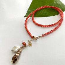 Cargar imagen en el visor de la galería, Pink Coral Necklace with a Tiny Starfish, Pearl & Shell Charm