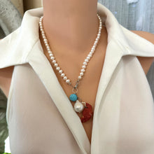 Cargar imagen en el visor de la galería, Pearl Necklace with Red Coral Pendant & Turquoise Charm