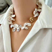 Load image into Gallery viewer, Romantic & elegant White Keshi Pearl Necklace. Featuring lustrous petal-shaped Keshi pearls, finished with a large gold-plated one of a kind flower box clasp that adds a charming, vintage-inspired detail. 17.5 inches long.