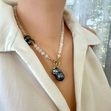 Load image into Gallery viewer, White moonstone bead necklace with 6mm beads, featuring a side black peacock pearl and a baroque pearl pendant, accented with a gold bronze artisan toggle and gold-filled details. This 18-inch necklace is an elegant June birthstone gift for her.